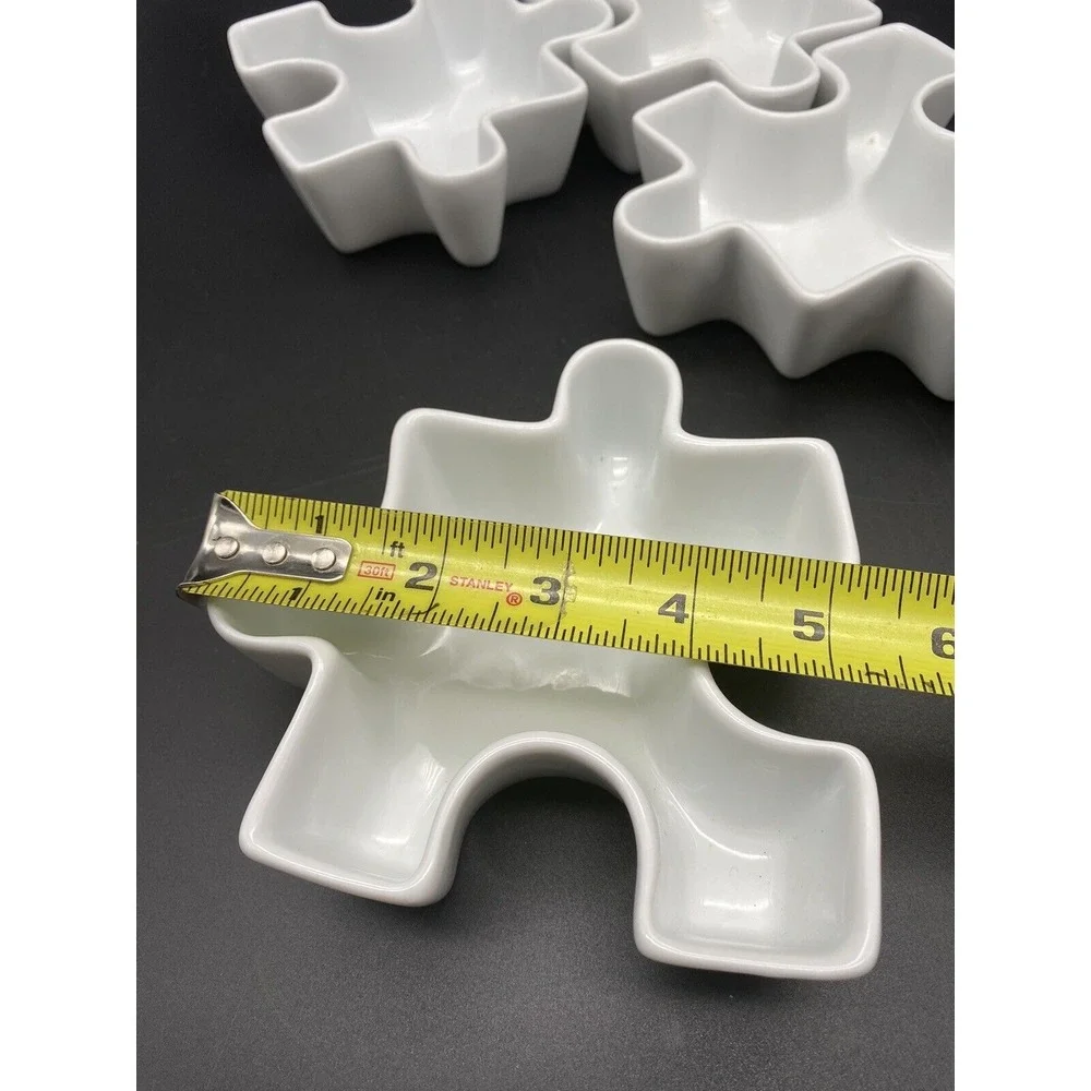 4 JIGSAW PUZZLE‎ PIECES CONDIMENT BOWLS DIPPING SAUCE WHITE Made In France